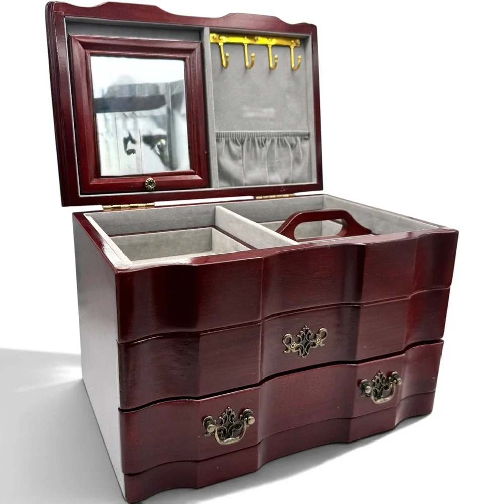 Vintage Mahogany Jewelry Chest Mirror Hidden Compartment Brass Hardware Drawers